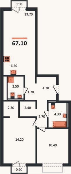Планировка: 2-к, 67,1 м²