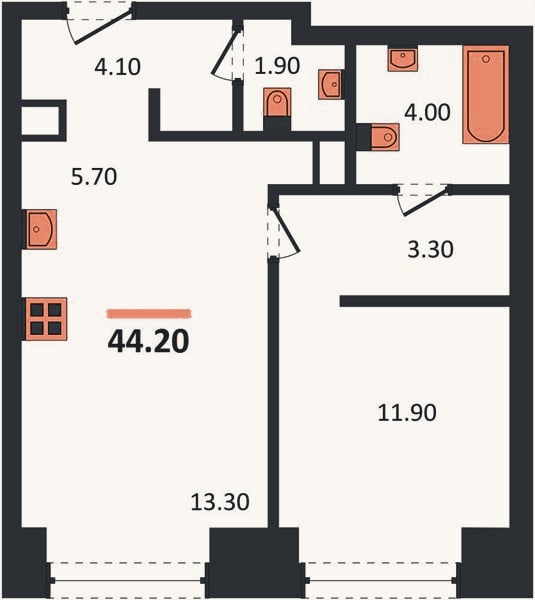 Планировка: 1-к, 44,2 м²
