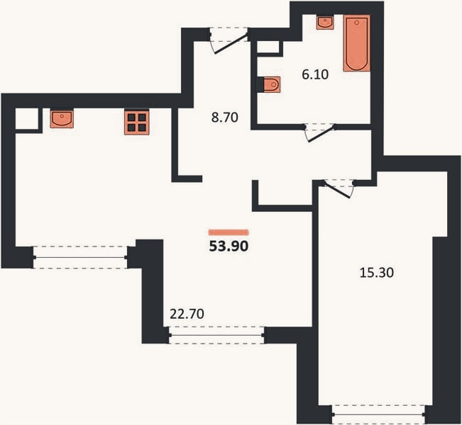 Планировка: 1-к, 53,9 м²