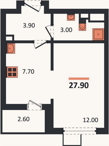 Планировка: 1-к, 27,9 м²