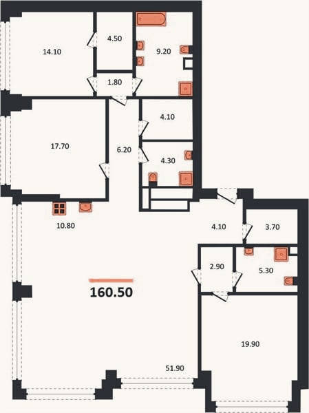 Планировка: 3-к, 160,5 м²