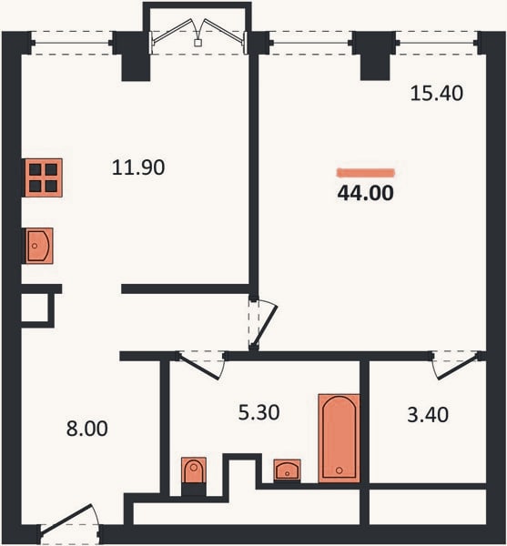 Планировка: 1-к, 44 м²