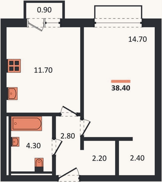 Планировка: 1-к, 38,4 м²