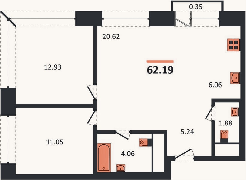 Планировка: 2-к, 62,2 м²