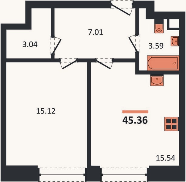 Планировка: 1-к, 45,4 м²