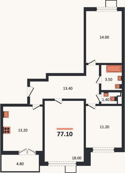 Планировка: 3-к, 77,1 м²