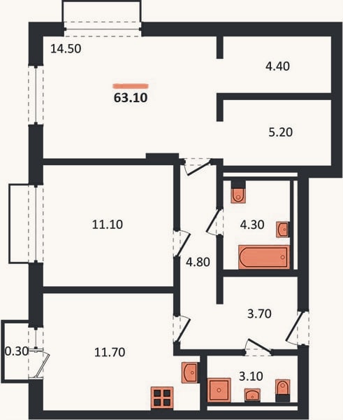 Планировка: 2-к, 63,1 м²