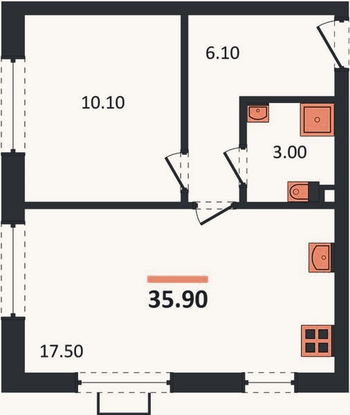 Планировка: 1-к, 35,9 м²
