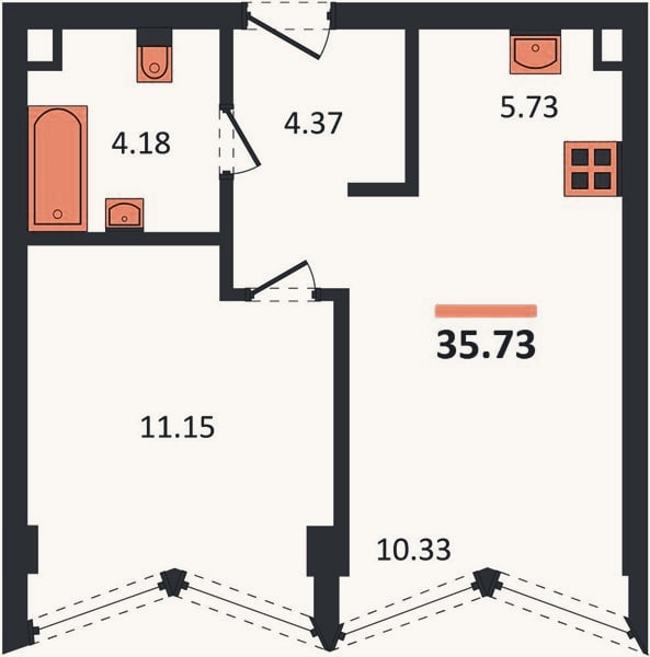 Планировка: 1-к, 35,7 м²
