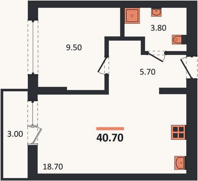 Планировка: 1-к, 40,7 м²