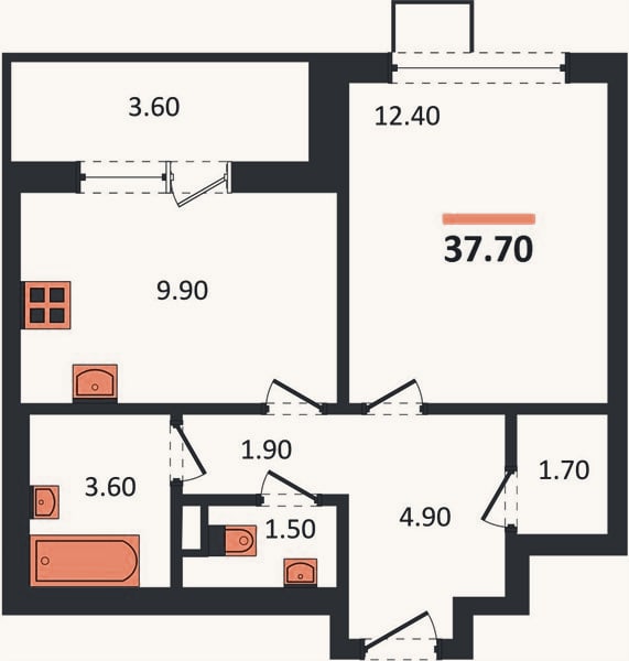 Планировка: 1-к, 37,7 м²