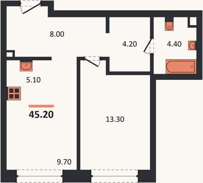 Планировка: 1-к, 45,2 м²