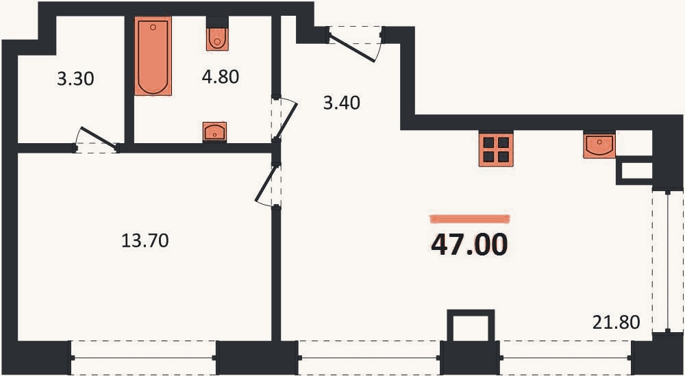 Планировка: 1-к, 47 м²
