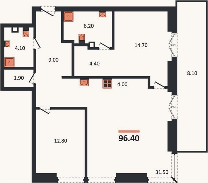 Планировка: 2-к, 96,4 м²