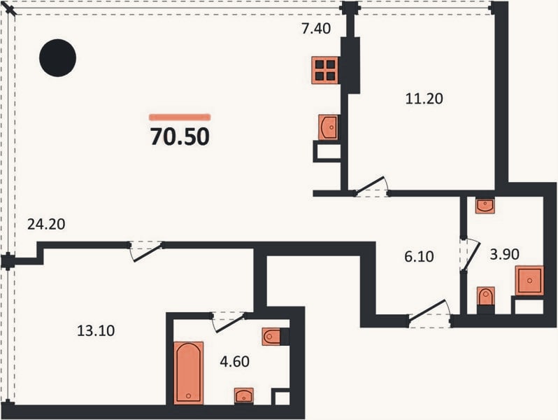 Планировка: 2-к, 70,5 м²