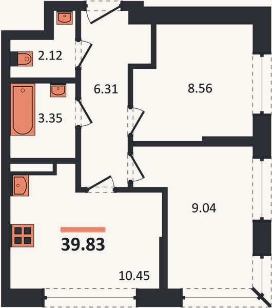 Планировка: 2-к, 39,8 м²