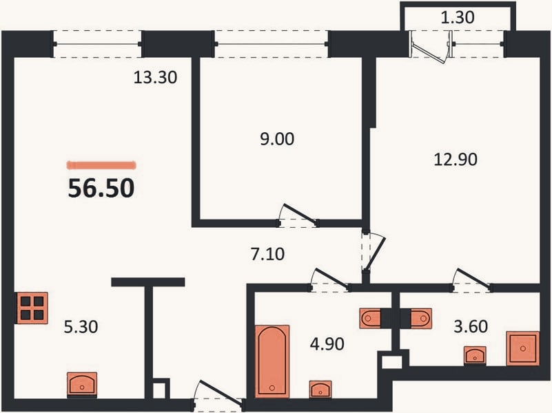 Планировка: 2-к, 56,5 м²