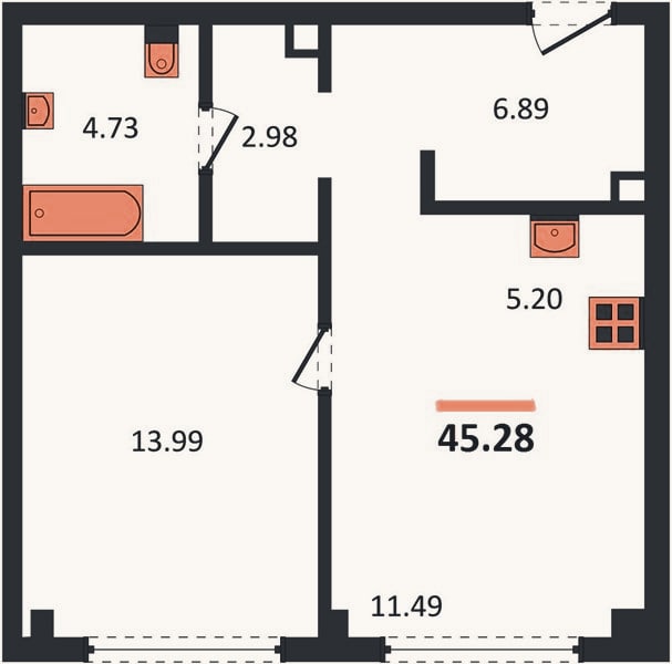 Планировка: 1-к, 45,3 м²