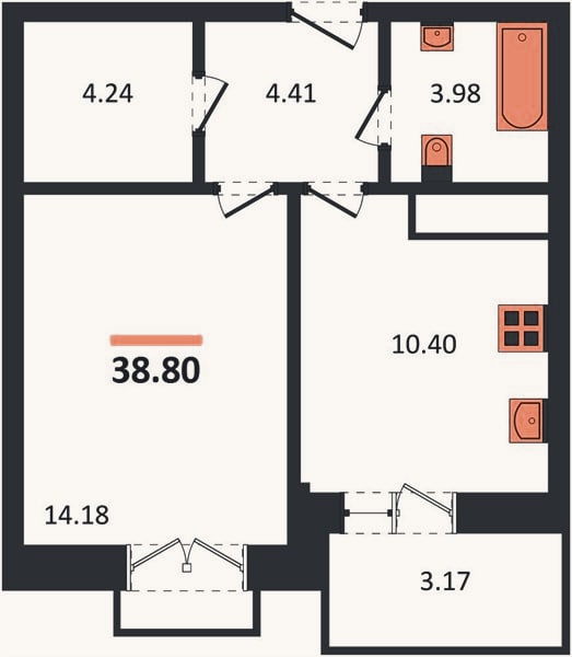 Планировка: 1-к, 38,8 м²