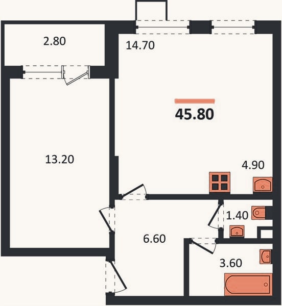 Планировка: 1-к, 45,8 м²