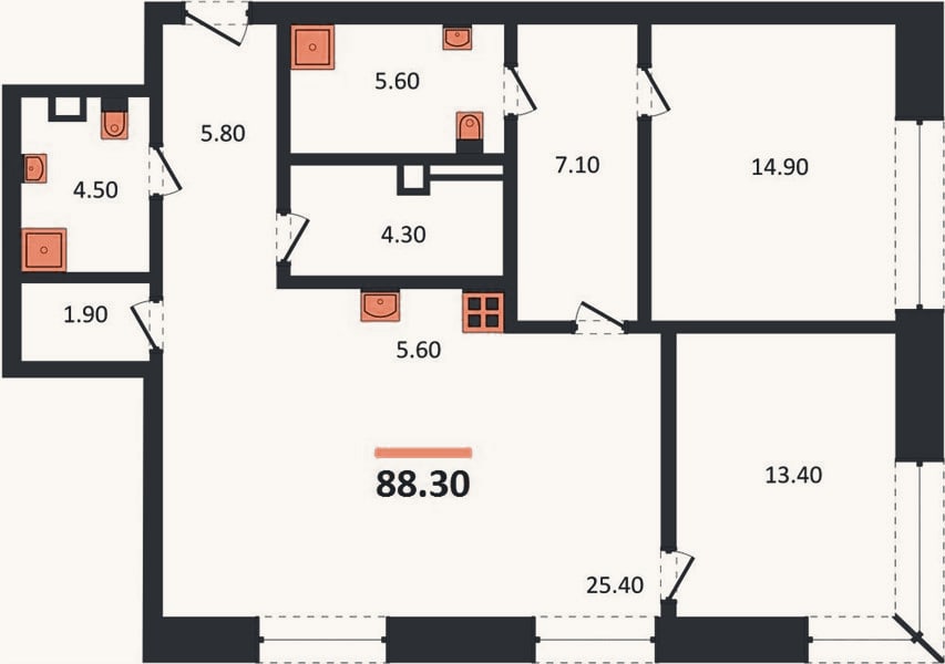 Планировка: 2-к, 88,3 м²