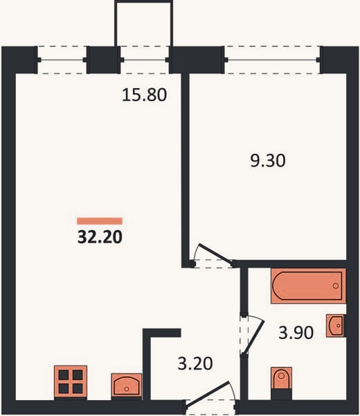 Планировка: 1-к, 32,2 м²