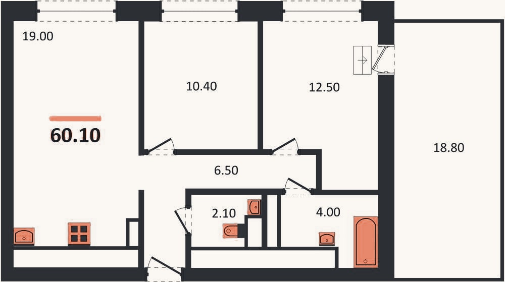 Планировка: 2-к, 60,1 м²
