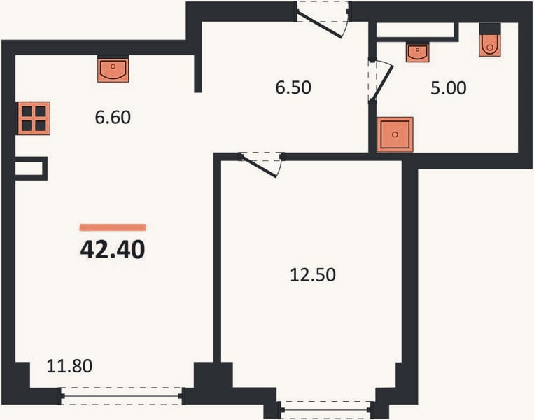Планировка: 1-к, 42,4 м²