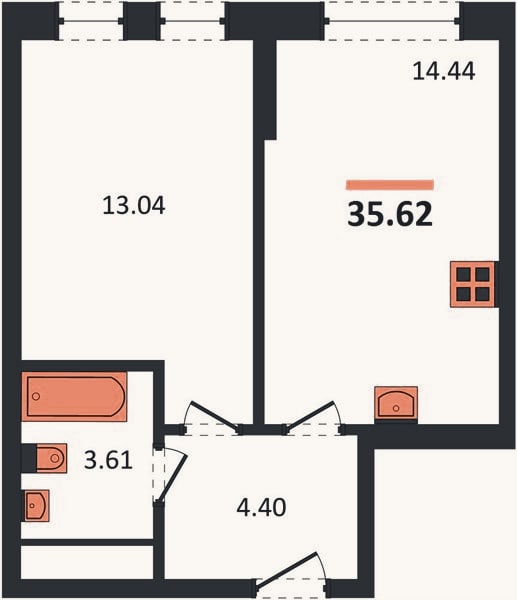 Планировка: 1-к, 35,6 м²