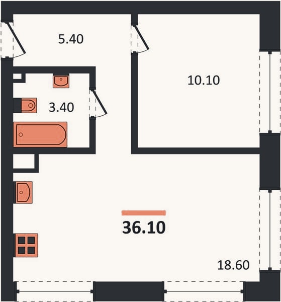 Планировка: 1-к, 36,1 м²