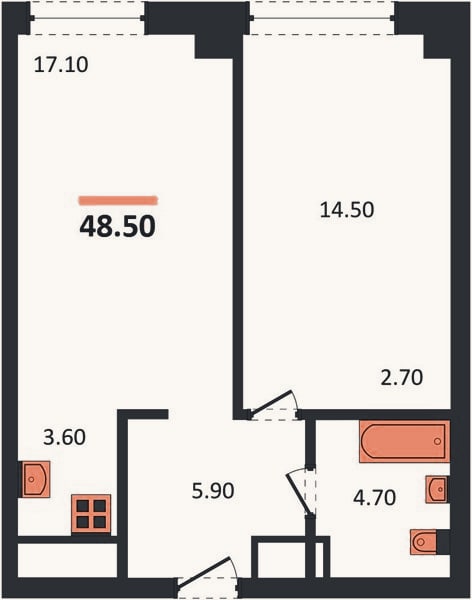 Планировка: 1-к, 48,5 м²