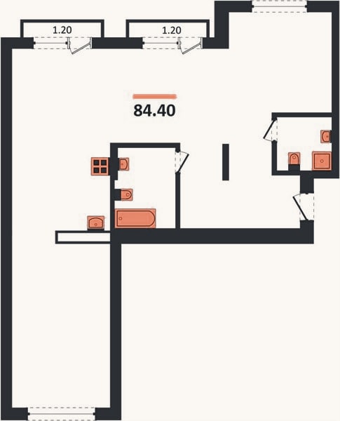 Планировка: 2-к, 84,4 м²