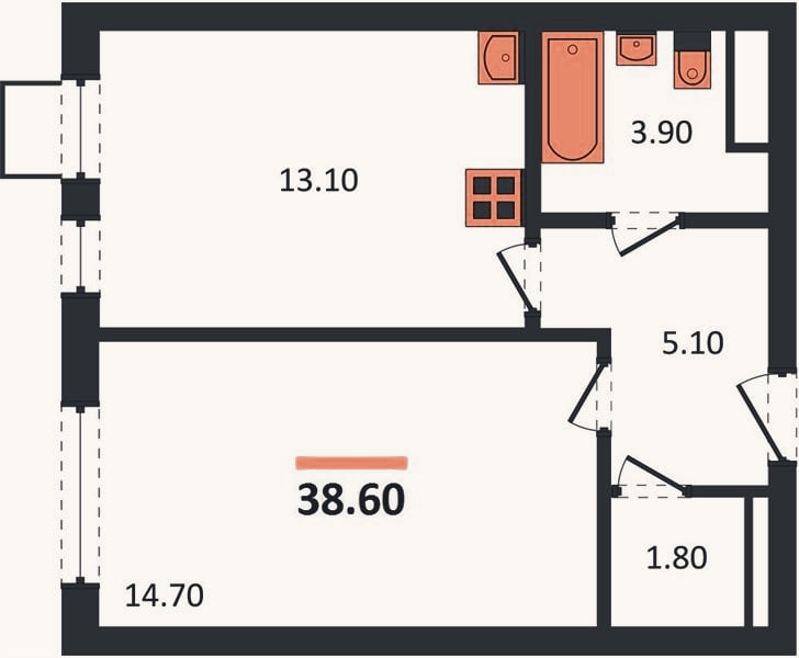 Планировка: 1-к, 38,6 м²