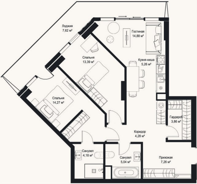 Планировка: 2-к, 80 м²
