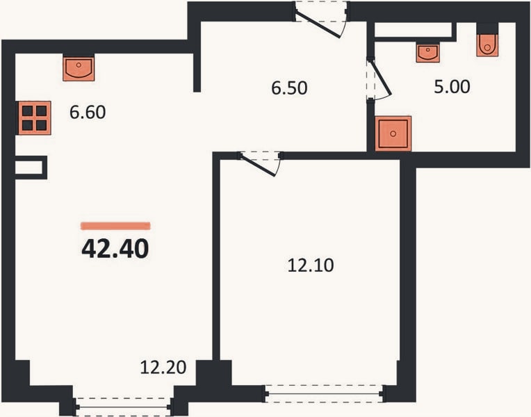 Планировка: 1-к, 42,4 м²