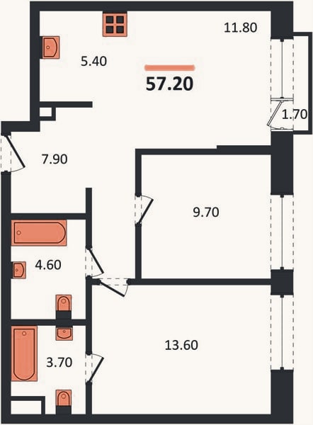 Планировка: 2-к, 57,2 м²