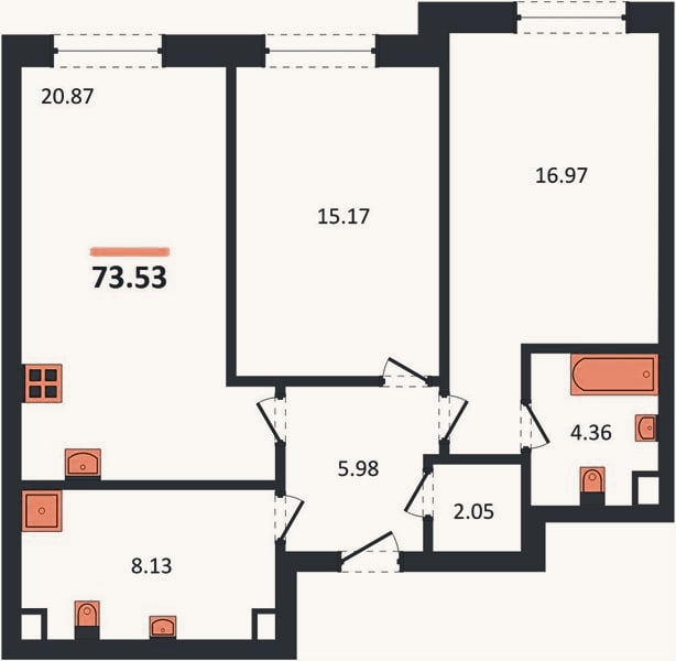 Планировка: 2-к, 73,5 м²