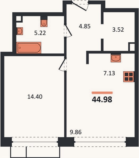Планировка: 1-к, 45 м²