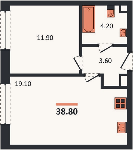 Планировка: 1-к, 38,8 м²