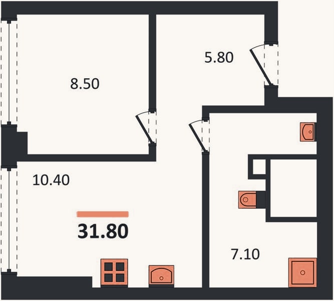 Планировка: 1-к, 31,8 м²