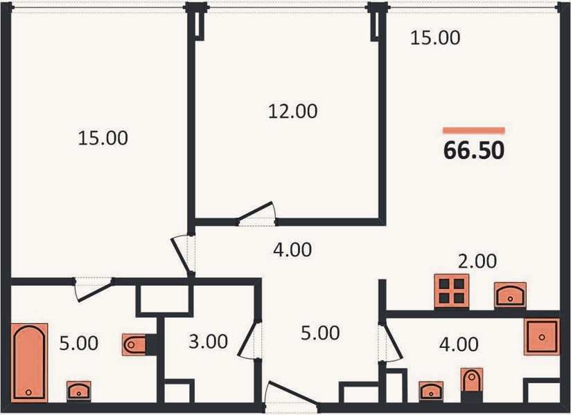 Планировка: 2-к, 66,4 м²