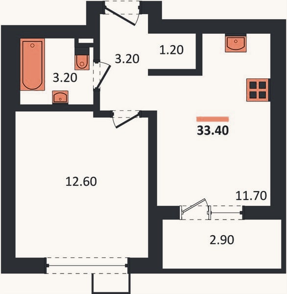Планировка: 1-к, 33,4 м²