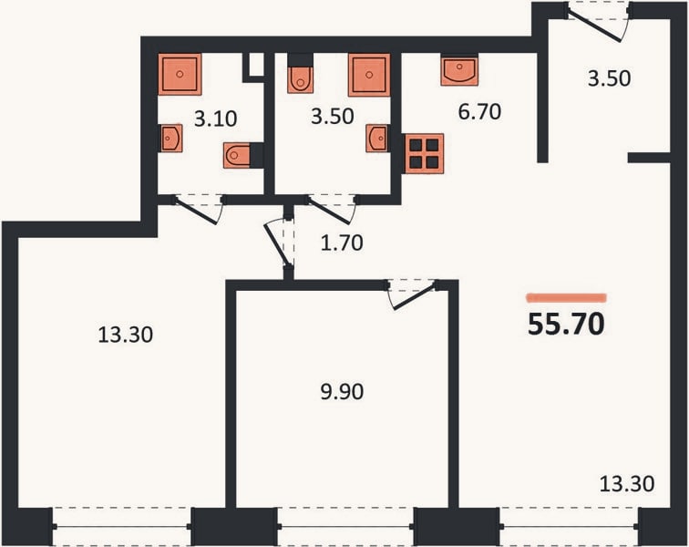 Планировка: 2-к, 55,7 м²