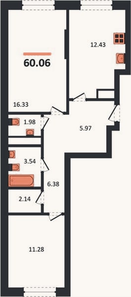 Планировка: 2-к, 60,1 м²