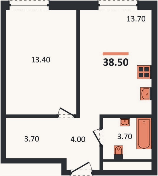 Планировка: 1-к, 38,5 м²