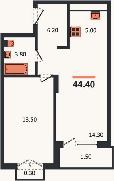Планировка: 1-к, 44,4 м²