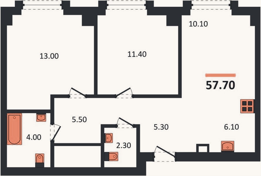 Планировка: 2-к, 57,7 м²