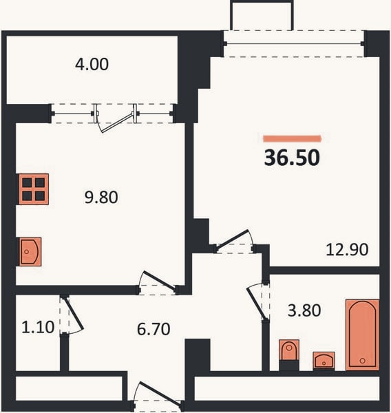 Планировка: 1-к, 36,5 м²
