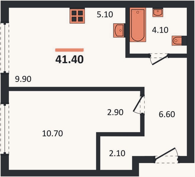 Планировка: 1-к, 41,4 м²