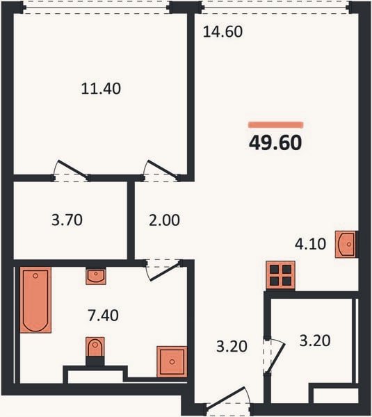 Планировка: 1-к, 49,6 м²